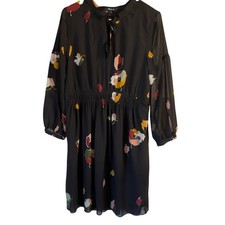 Madewell Painted Floral Boho Dress Size 12 Black Sheer Sleeve Smocked Waist