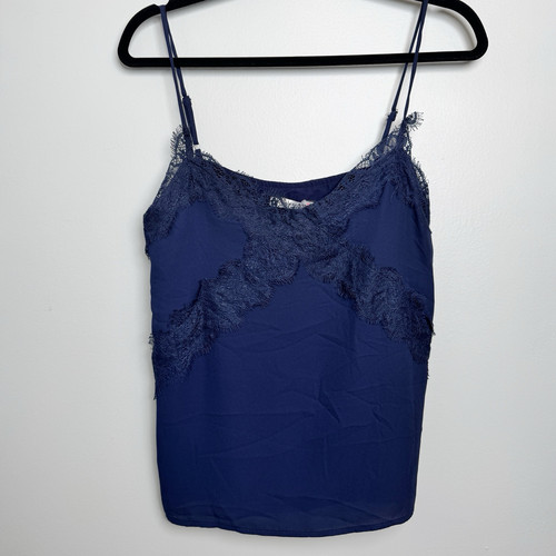 LUSH Women's Sz M Dark Blue Lace Trim adjustable strap lined Cami tank top NWT