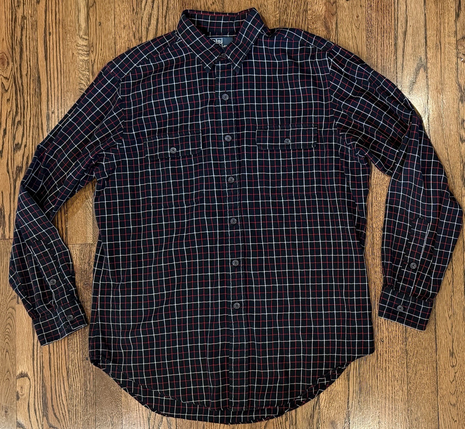 Polo Ralph Lauren Double Flap Pocket Flannel Shirt Black Red Plaid Check Men’s L