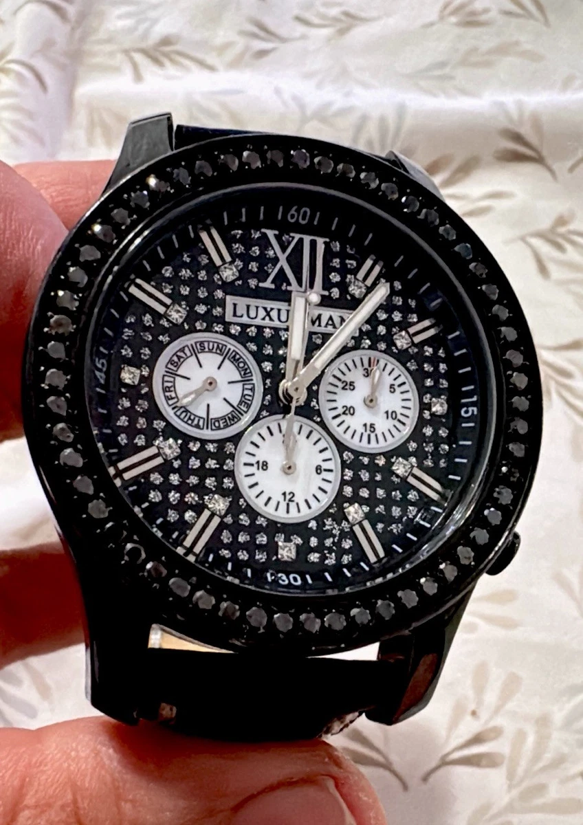 Luxurman Montana Mens Watch 36mm Silver Tone Crystals New Battery 6.25\