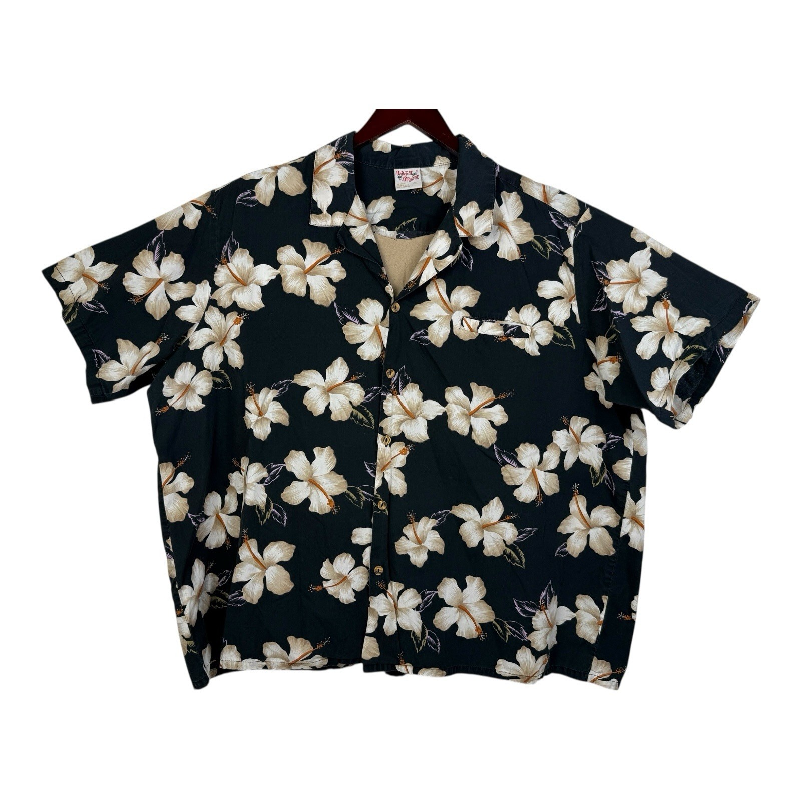 VTG Barefoot In Paradise Men’s 4XL Hawaiian Shirt Black Button Up Floral