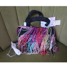 Handcrafted Multicolor Beaded Fringe Top Handle Bag with Detachable Strap