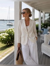 Calvin Klein White Linen Blend Blazer Jacket Women  s Size 6 Career Coastal