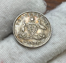 1936 Australia 3 Pence Silver Coin Colorful Condition