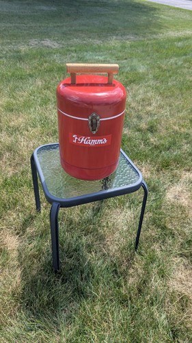 Rare Vintage HAMM'S BEER Red Metal Round Cooler HANDI-BOY Collectible ~ 16x10x10