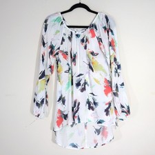 Karen by Karen Kane White Tunic; Abstract Print, Long Sleeve, High-Low Hem