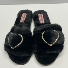Juicy Couture Slippers Black Women Medium Heart Rhinestone Y2K Faux Fur Cozy