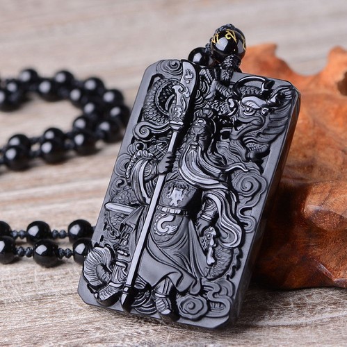 Natural black obsidian Guan Gong dragon Necklace Hold broadsword Pendant bead - Picture 4 of 6