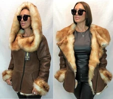 REAL 100% Sheepskin Shearling Leather Toscana Long Hair Jacket Coat Hood XS-7XL