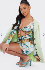 Ladies Cut Out Mini Dress Pretty Little Thing Print Long Sleeved Rave Size 12