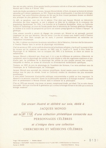 Encart Philatélique sur soie Médecin Célèbre Jacques Monod Biologiste 1987 - Picture 2 of 2