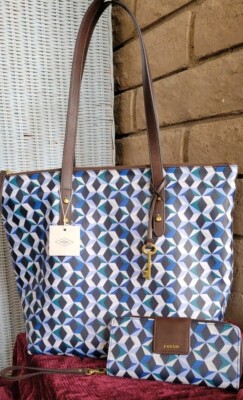 Fossil PVC Blue Multi Jenna Tote Matching Madison Blue Multi Zip