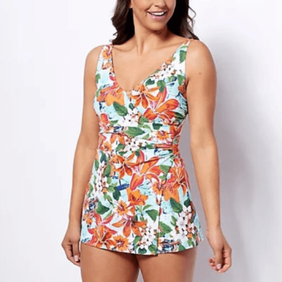 denim and company swim dress Denim & Co. Beach Hankerchief Hem Belted Swim Dress