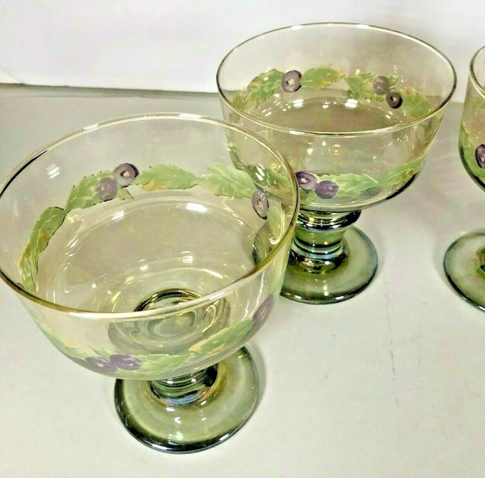 Juego de 4 vasos de postre vintage de 12 oz con patas diseño de arándano pintado c. 1960 Foto 3 de 4