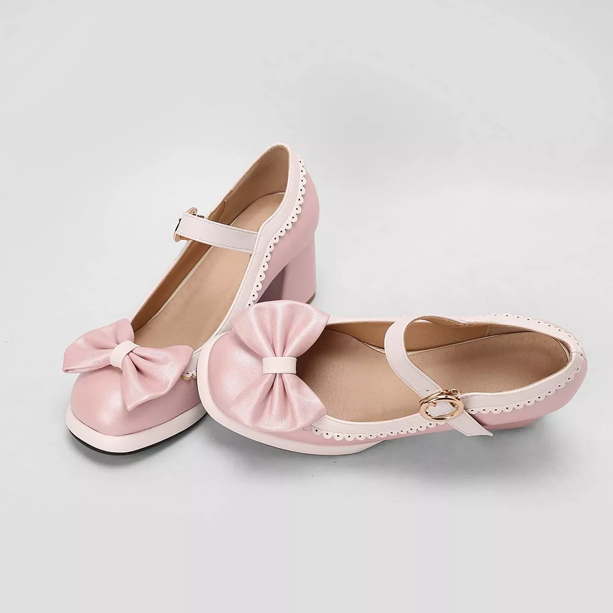 Women’s Mary Jane Pink High Heel Shoes Bow knot Chunky Party Pumps Buckle Strap