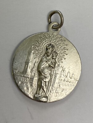 Médaille Religieuse Ancienne Vierge à L'Enfant, Métal Argenté