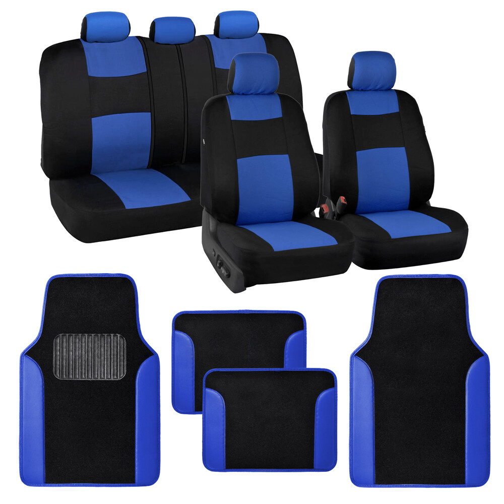 Full Car Seat Covers & Carpet Floor Mats Interior Set Universal Fit Black/Blue