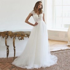 Classic Gorgeous A Line Wedding Dresses Appliques Bride Gowns V Neck Cap Sleeve