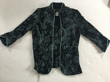 Alex Evenings Womens Black Silver Teal Paisley Sparkle Satin Jacket Sz S Tank