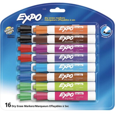 16 Count Assorted Colors EXPO Low Odor Dry Erase Markers Chisel Tip 