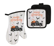 Halloween Oven Mitt & Pot Holder Set HAPPY HAUNTING Ghouls' Pumpkin Delivery