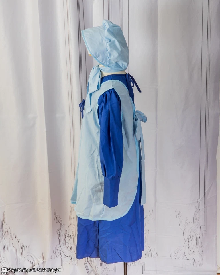 Disfraz de niña escolar azul 1800 talla pequeña 4-6 vestido delantal pionero capó Foto 3 de 4