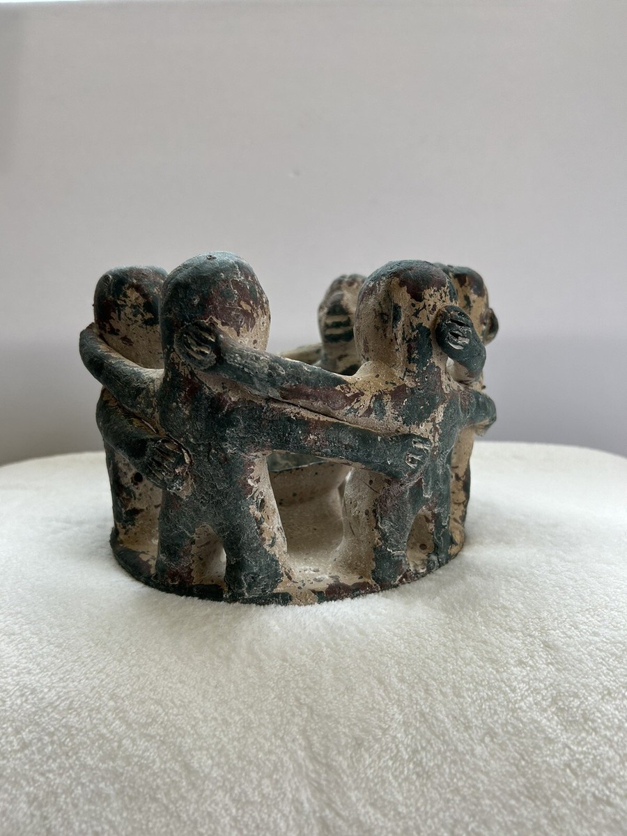 Vintage Circle of 6 Friends Handmade Terracotta Folk Art Candle