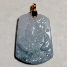 ~ Natural Finely Carved Jade / Jadite Pendant - FIsh & Lotus Design