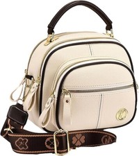 Beige Leather Bag, Multifunctional Compartment Adjustable Wide Shoulder Strap