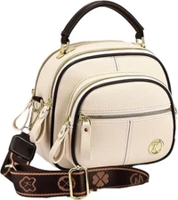 Beige Leather Bag, Multifunctional Compartment Adjustable Wide Shoulder Strap