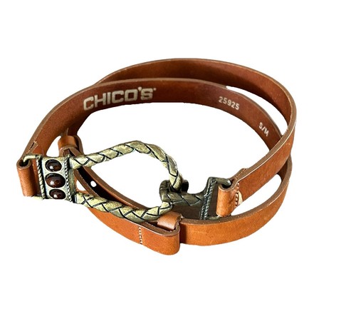 Chico's Women's Leather Belt Brown Bling Clasp Buckle Adjustable