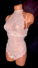 L XL Sheer Nude Blush Pink Lace Vintage Stretch Teddy Bodysuit Cami