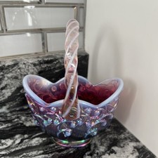 FENTON PLUM OPALESCENT LILY OF THE VALLEY BASKET SIGNED BILL FENTON