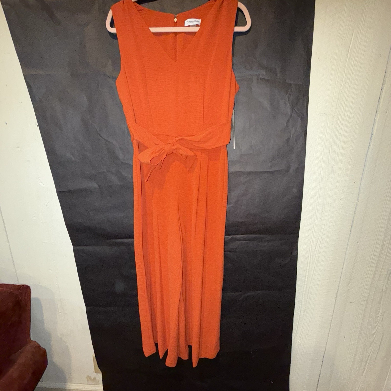 NEW! Calvin Klein Women's 8 Sleeveless Belted Commuter Jumpsuit Orange MSRP $139 thumbnail 6