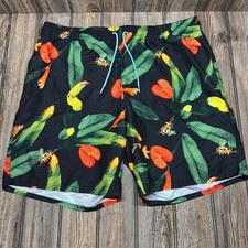 Old Navy Men Tropical Toucan Leaf Print Swim Trunks Shorts Blue Drawstring XL