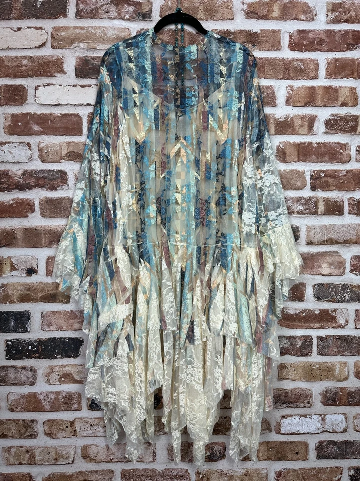 Cárdigan plumero kimono Plus campesino vintage turquesa festival bordado encaje Foto 4 de 4