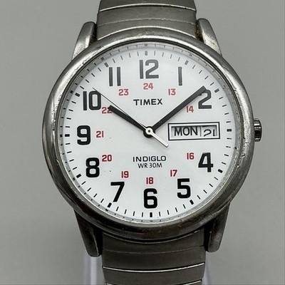 Timex Indiglo WR 30M Mens Watch 35mm Silver Tone Stretch Day Date New Battery