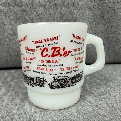 Vintage Anchor Hockkng Fire King C.B'er Milk Glass Trucker Coffee Mug 1970 s