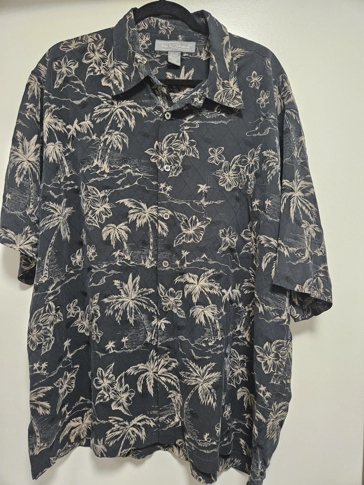 Manga curta de seda Tori Richard vintage havaiana preta e marrom com falhas tamanho 2XL - Imagem 2 de 4