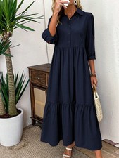Ladies navy blue short sleeve frill hem maxi dress