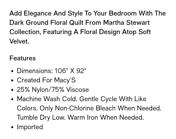 Edredón/Coverlet Martha Stewart "Eloise Floral" Terciopelo KING, Gris Carbón, ¡NUEVO CON ETIQUETAS! Foto 4 de 4