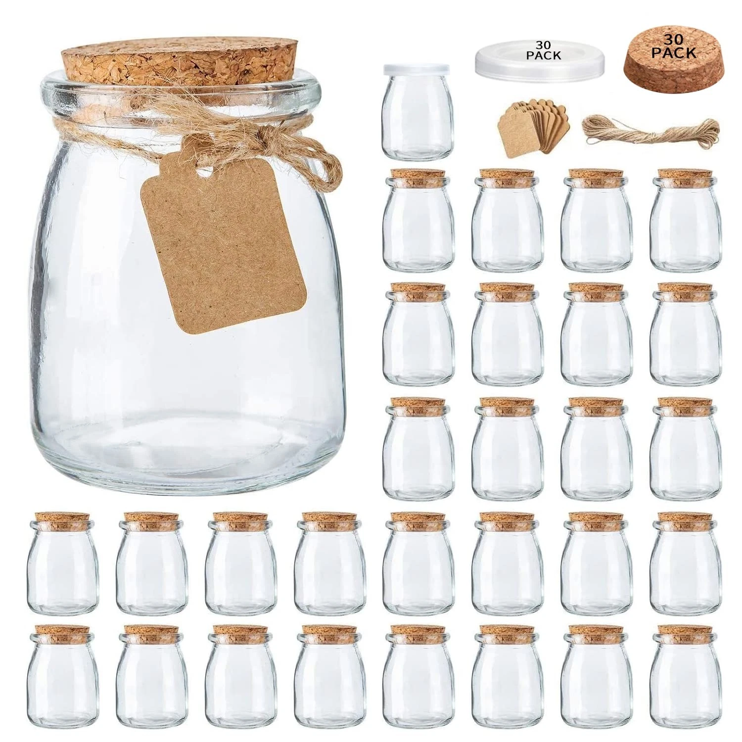 Mini Yogurt Jars 30 Pack, 7 oz Glass with Cork Lids, Wedding Favor Containers