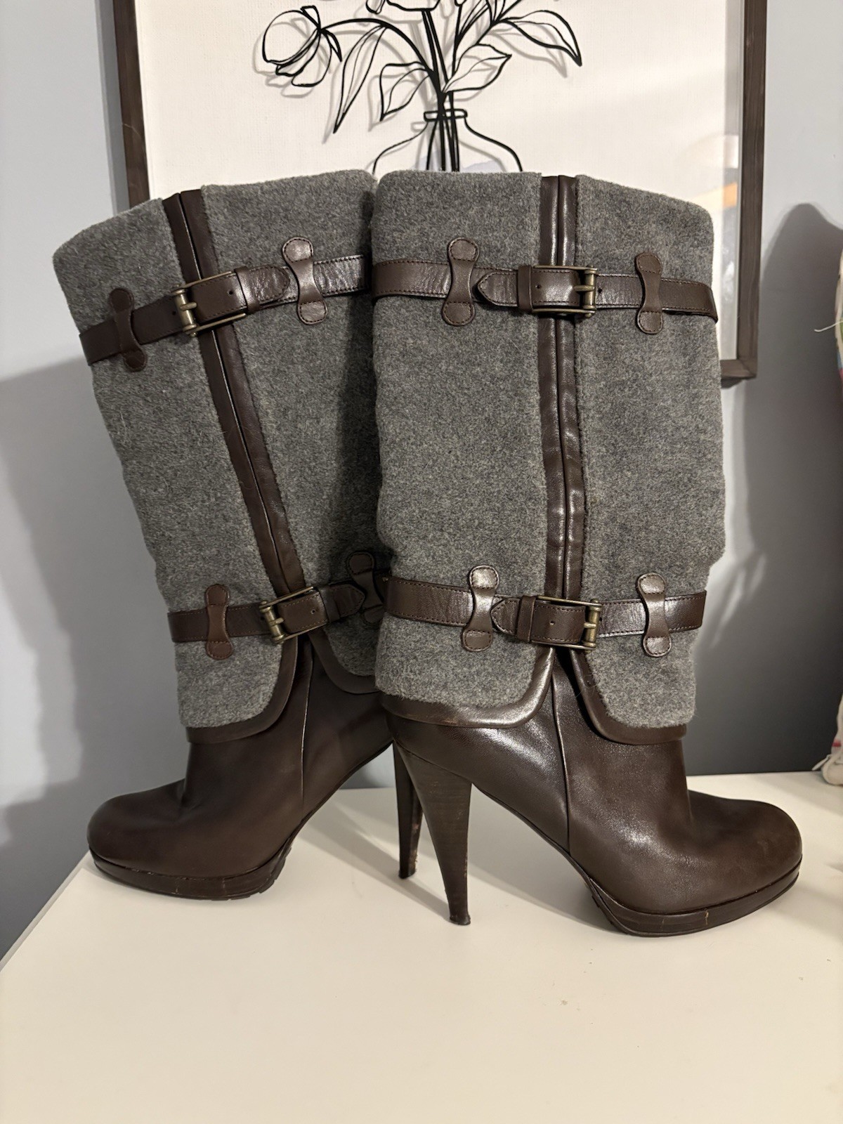Cole Haan Boot Air Kennedy Tall Leather Heel Platform Wool Buckle Brown Size 8