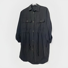 Women's Dark Gray Button Down Shirt Dress Drawstring Utility Biker XS