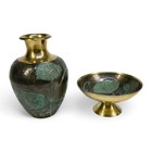Vase and bowl in patinated brass - hand engraved floral motifs