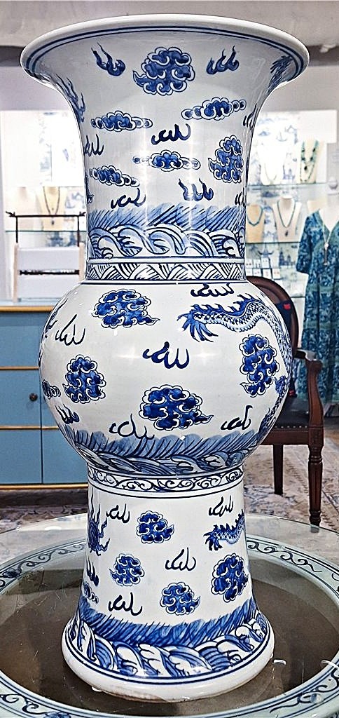 Blue, White Porcelain Chinoiserie Ritual Beaker/"Gu" Vase. Hand Painted-22.50"H