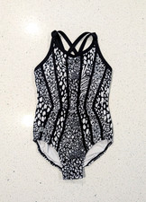 EXOTIC Sylvia P gymnastics Leotard 6 Small Black White Tiger Zebra STRAPPY BACK