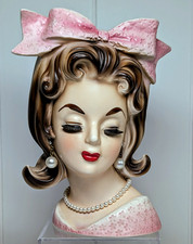 Vintage RARE/HTF Enesco Pretty in Pink Lady Head Vase 7.25 with Pearl Jewelry
