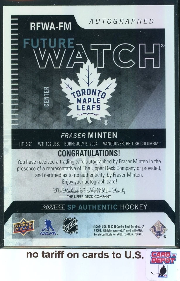 2023-24 SP Authentic Future Watch Retro #FM Fraser Minten Autographs 628/699 - Image 2 of 2