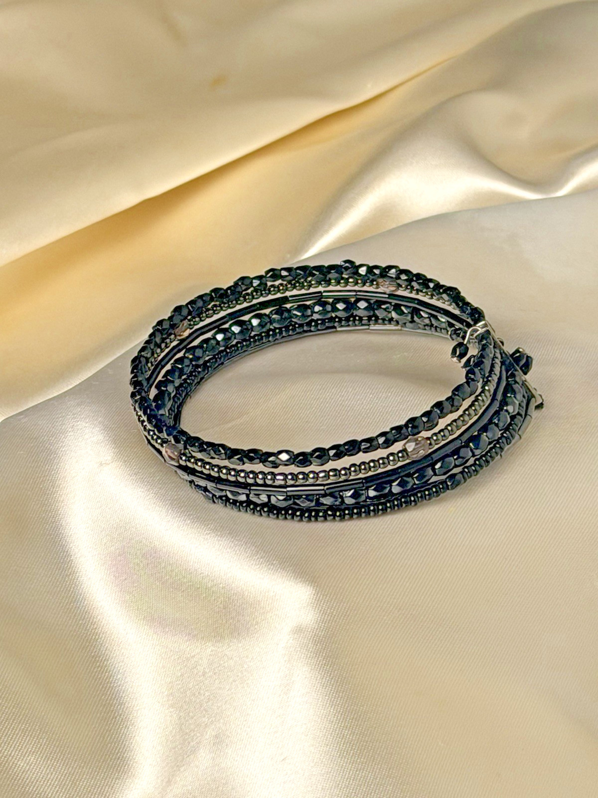 Vintage Black Multi-Strand Memory Wire Bracelet | Faceted Beads Statement Layer